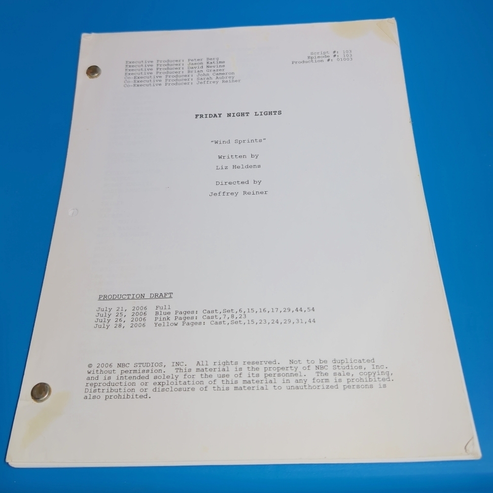 Friday Night Lights TV Production Script Set Used S01E03 With Location Map